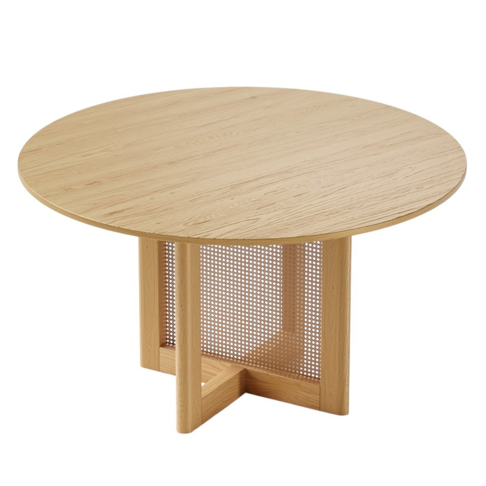 52" Natural Solid Wood and Rattan Cross Leg Base Round Top Dining Table HomeRoots