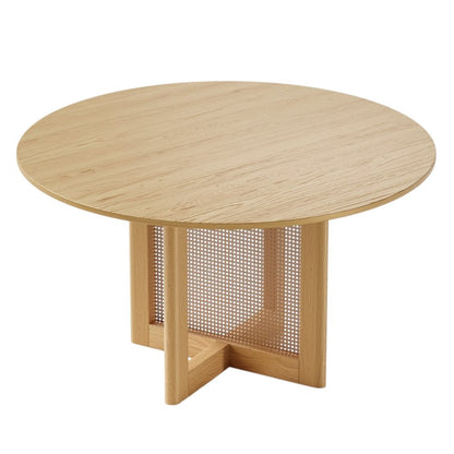 52" Natural Solid Wood and Rattan Cross Leg Base Round Top Dining Table HomeRoots