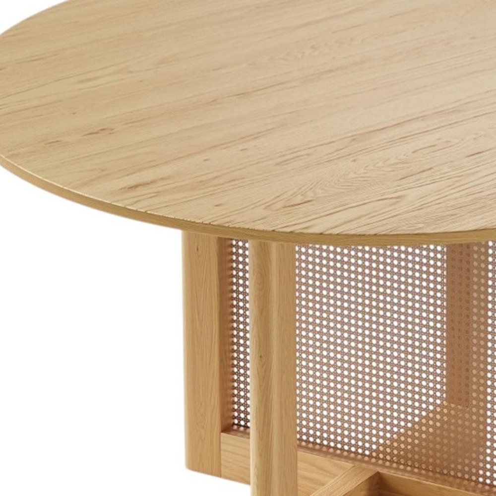 52" Natural Solid Wood and Rattan Cross Leg Base Round Top Dining Table HomeRoots