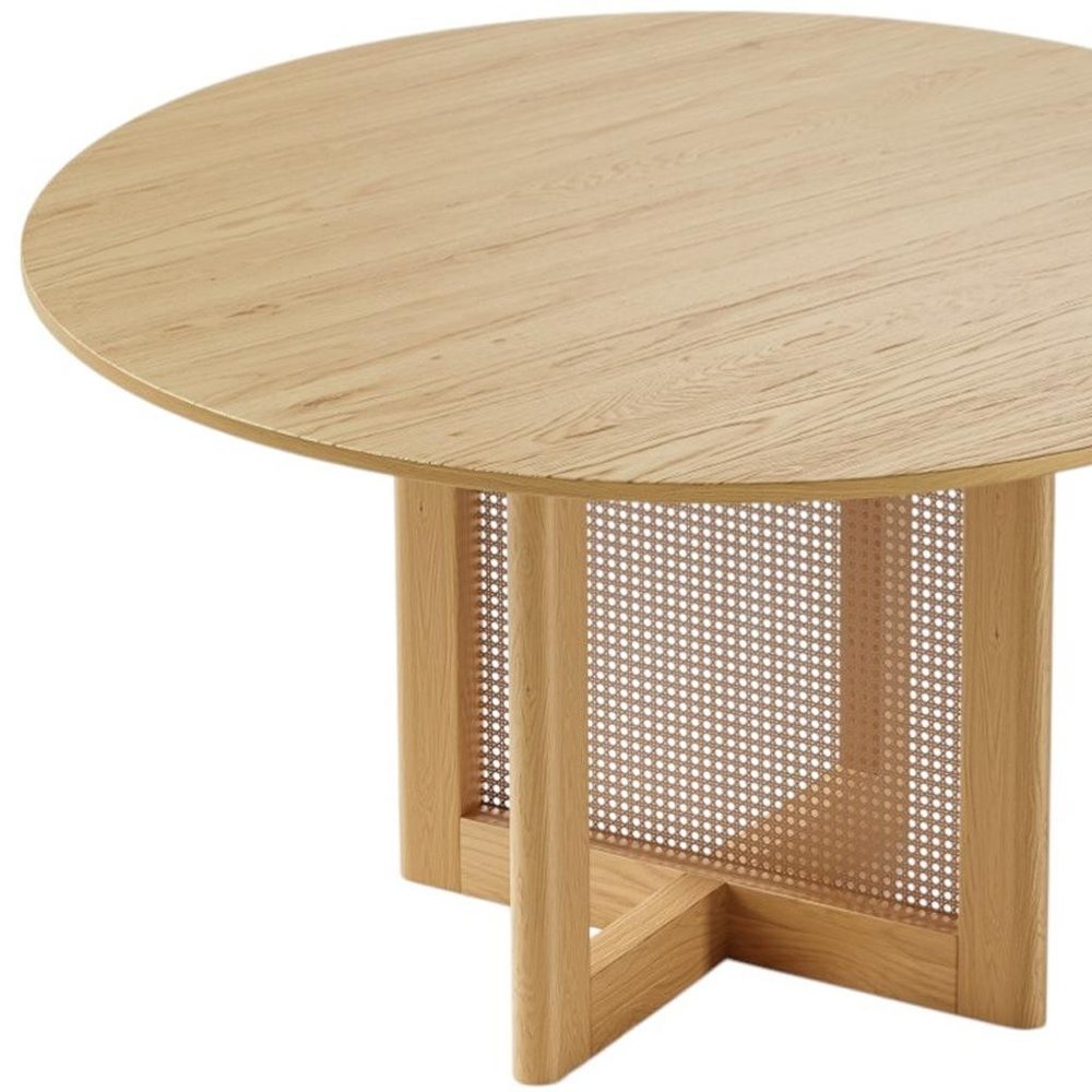 52" Natural Solid Wood and Rattan Cross Leg Base Round Top Dining Table HomeRoots