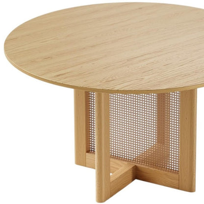 52" Natural Solid Wood and Rattan Cross Leg Base Round Top Dining Table HomeRoots