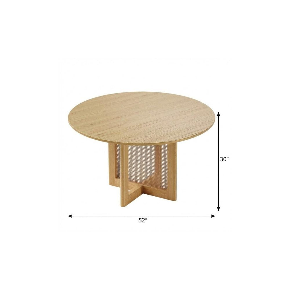 52" Natural Solid Wood and Rattan Cross Leg Base Round Top Dining Table HomeRoots