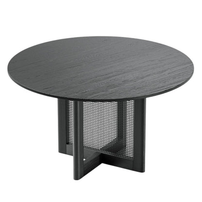 52" Black Solid Wood and Rattan Cross Leg Base Round Top Dining Table HomeRoots