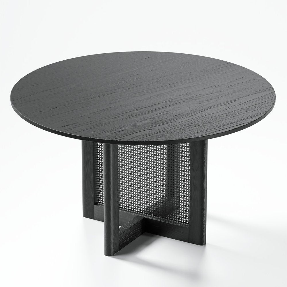 52" Black Solid Wood and Rattan Cross Leg Base Round Top Dining Table HomeRoots