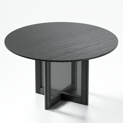 52" Black Solid Wood and Rattan Cross Leg Base Round Top Dining Table HomeRoots