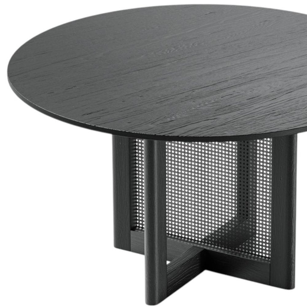 52" Black Solid Wood and Rattan Cross Leg Base Round Top Dining Table HomeRoots