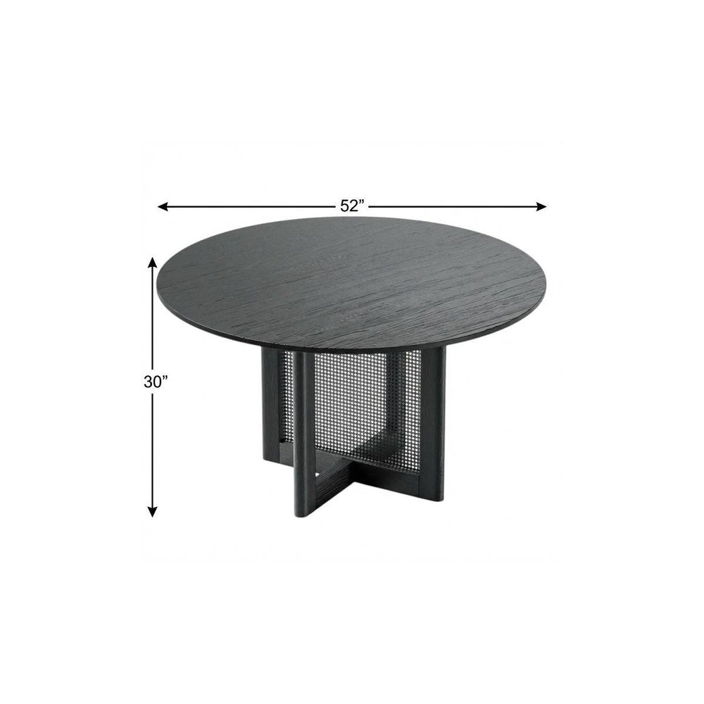 52" Black Solid Wood and Rattan Cross Leg Base Round Top Dining Table HomeRoots
