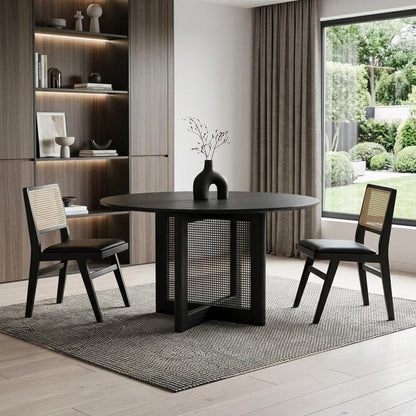 52" Black Solid Wood and Rattan Cross Leg Base Round Top Dining Table HomeRoots