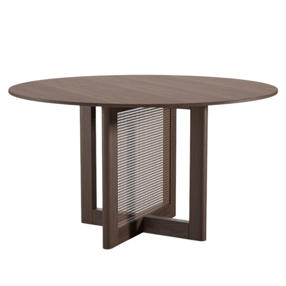52" Brown Solid Wood and Rattan Cross Leg Base Round Top Dining Table HomeRoots
