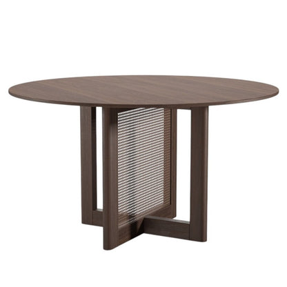 52" Brown Solid Wood and Rattan Cross Leg Base Round Top Dining Table HomeRoots
