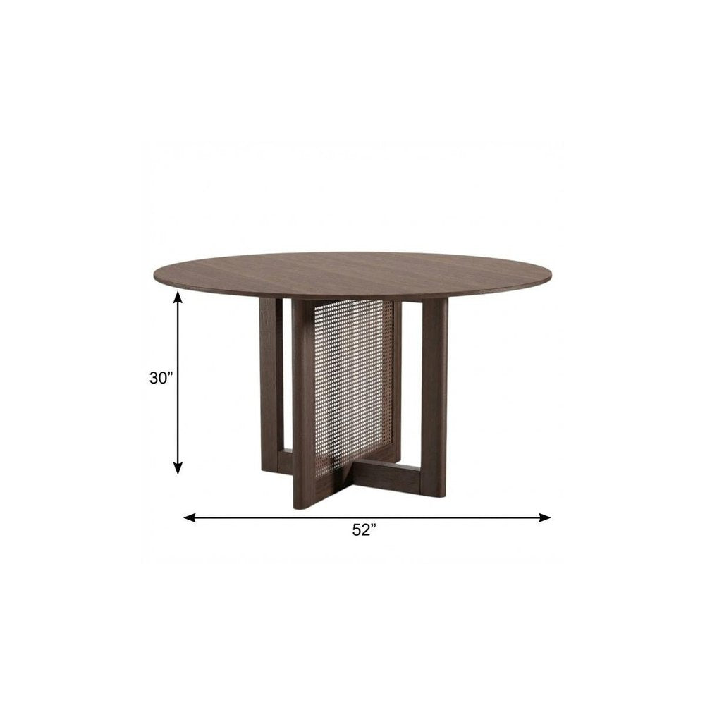 52" Brown Solid Wood and Rattan Cross Leg Base Round Top Dining Table HomeRoots