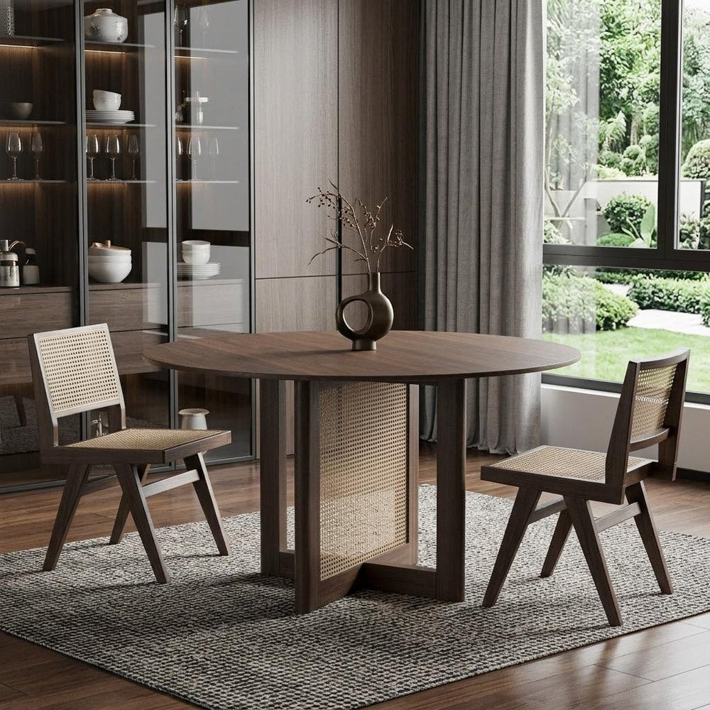 52" Brown Solid Wood and Rattan Cross Leg Base Round Top Dining Table HomeRoots