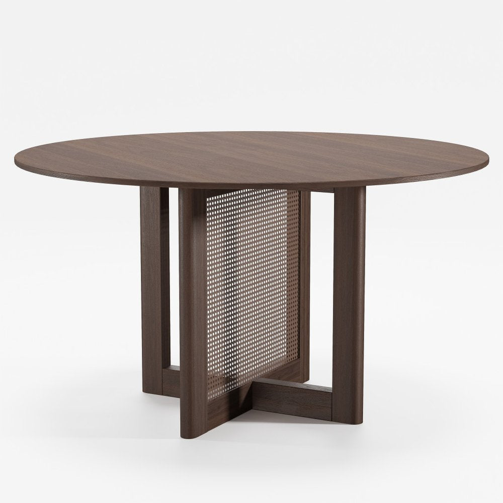 52" Brown Solid Wood and Rattan Cross Leg Base Round Top Dining Table HomeRoots