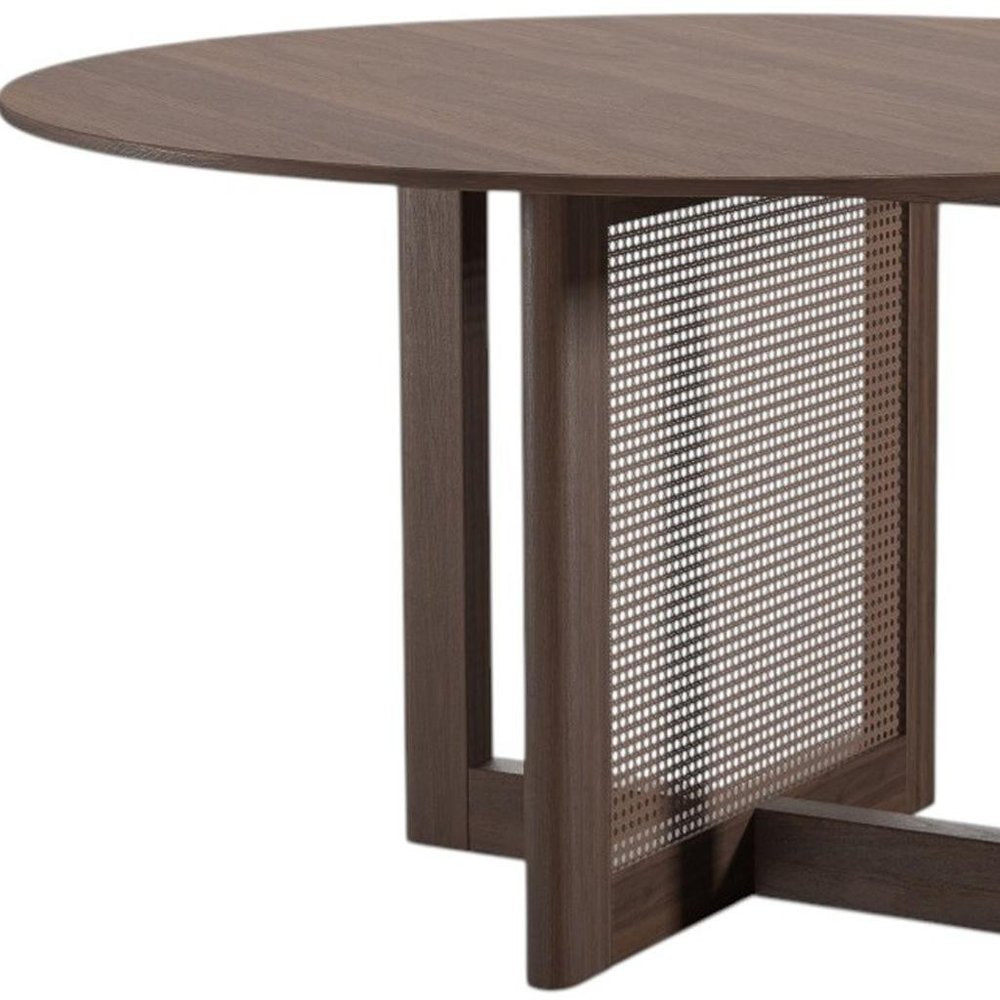 52" Brown Solid Wood and Rattan Cross Leg Base Round Top Dining Table HomeRoots