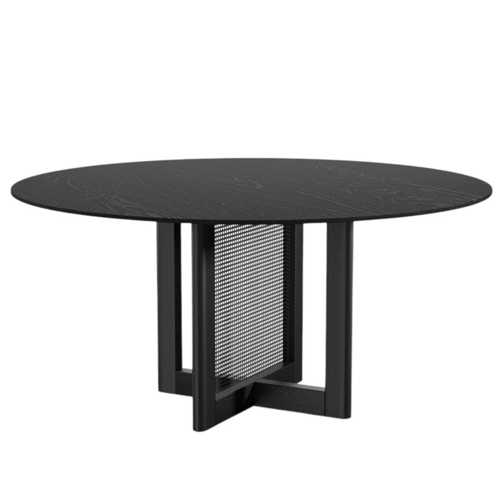 60" Black Solid Wood and Rattan Cross Leg Base Round Top Dining Table HomeRoots