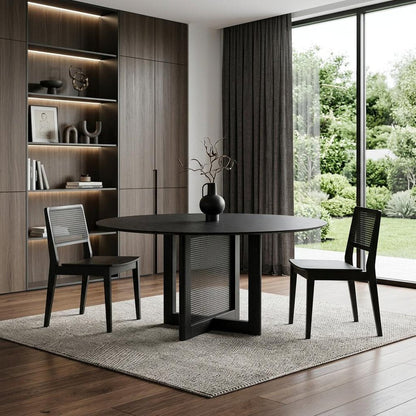 60" Black Solid Wood and Rattan Cross Leg Base Round Top Dining Table HomeRoots