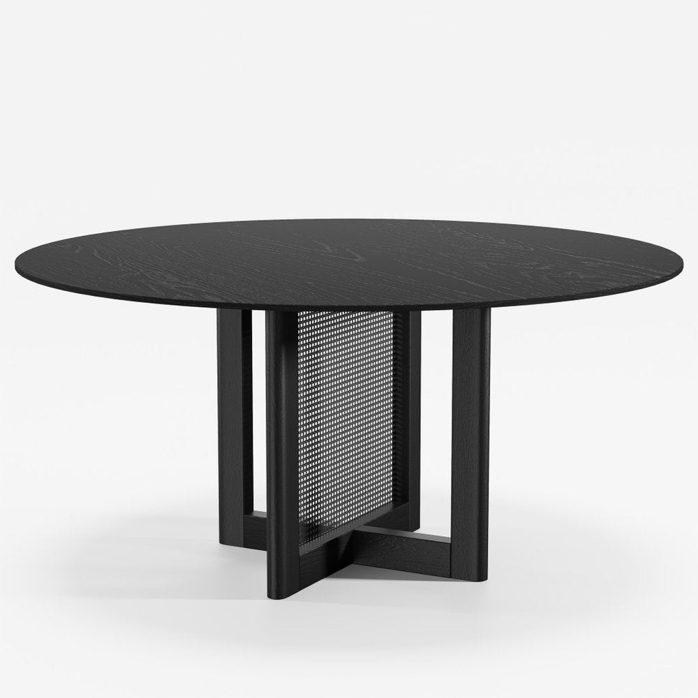 60" Black Solid Wood and Rattan Cross Leg Base Round Top Dining Table HomeRoots