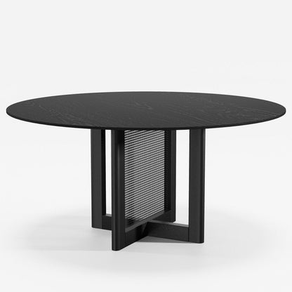 60" Black Solid Wood and Rattan Cross Leg Base Round Top Dining Table HomeRoots