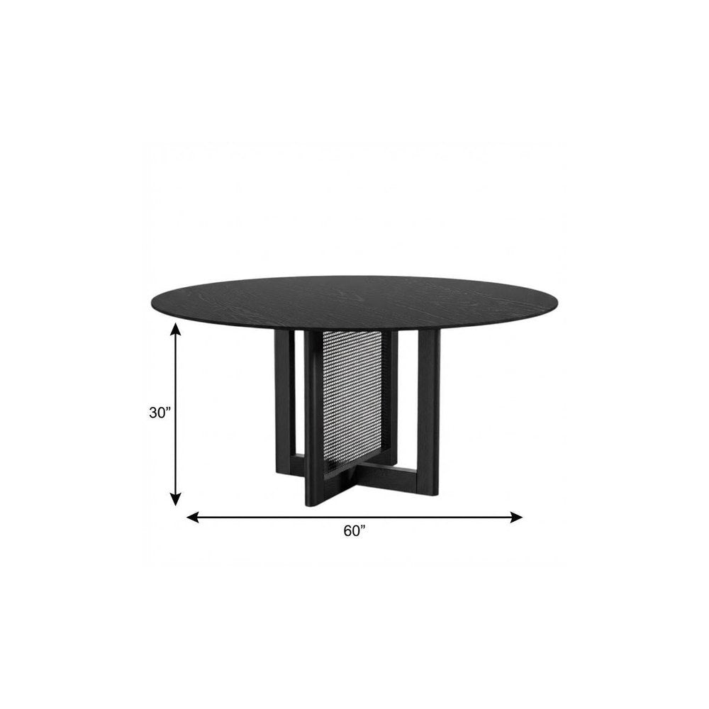 60" Black Solid Wood and Rattan Cross Leg Base Round Top Dining Table HomeRoots