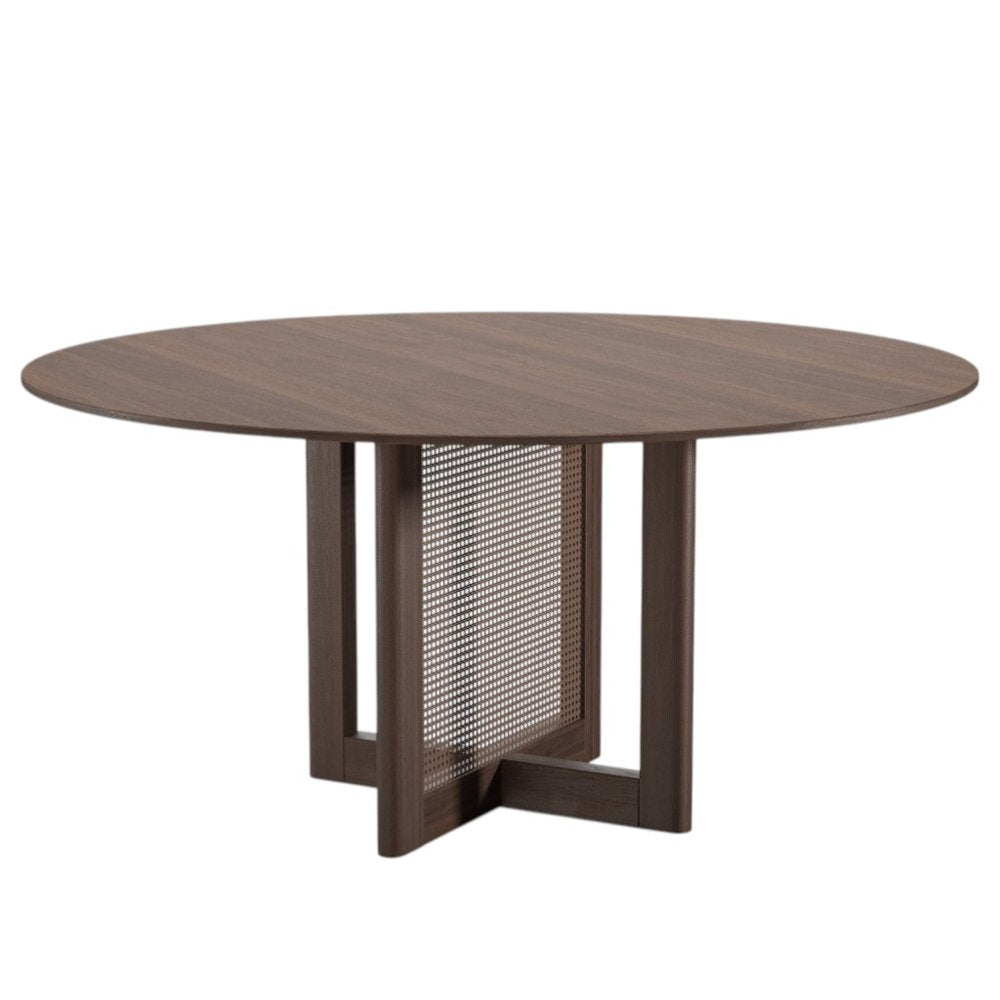 60" Brown Solid Wood and Rattan Cross Leg Base Round Top Dining Table HomeRoots