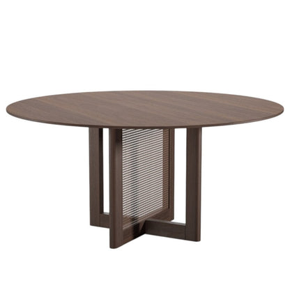 60" Brown Solid Wood and Rattan Cross Leg Base Round Top Dining Table HomeRoots