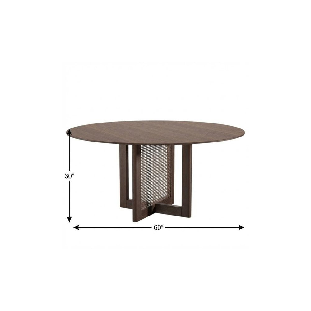 60" Brown Solid Wood and Rattan Cross Leg Base Round Top Dining Table HomeRoots
