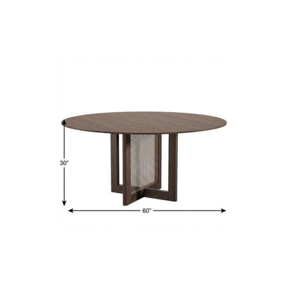 60" Brown Solid Wood and Rattan Cross Leg Base Round Top Dining Table HomeRoots