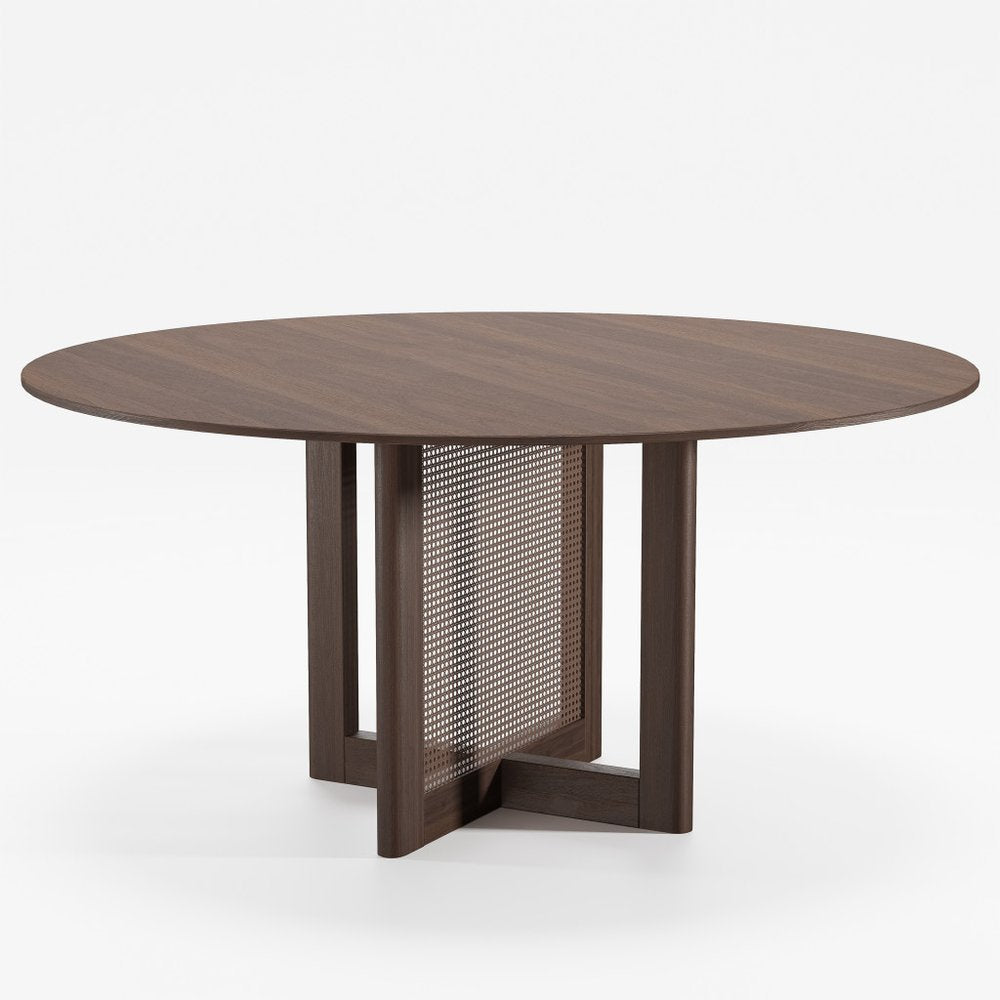 60" Brown Solid Wood and Rattan Cross Leg Base Round Top Dining Table HomeRoots