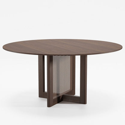 60" Brown Solid Wood and Rattan Cross Leg Base Round Top Dining Table HomeRoots