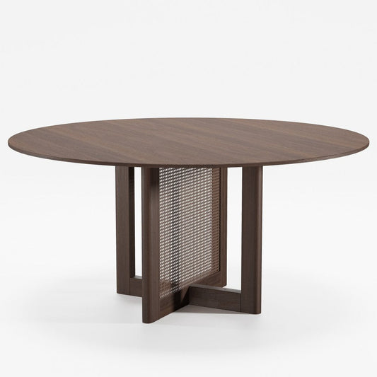 60" Brown Solid Wood and Rattan Cross Leg Base Round Top Dining Table