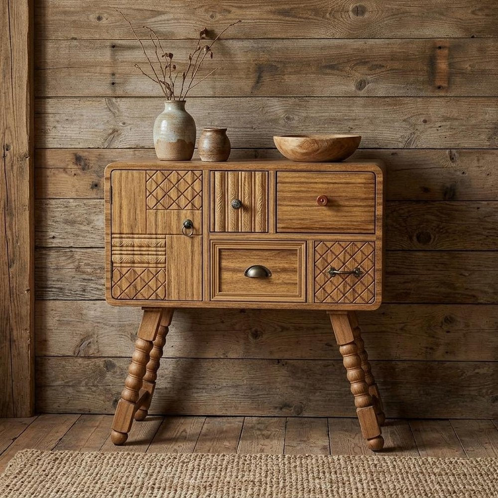32" Sepia Solid Wood Console Accent Cabinet With Single Door And Four Drawers HomeRoots