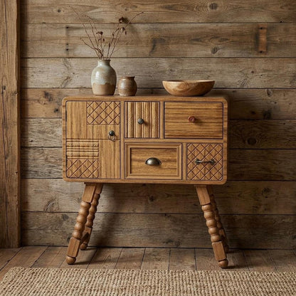 32" Sepia Solid Wood Console Accent Cabinet With Single Door And Four Drawers HomeRoots