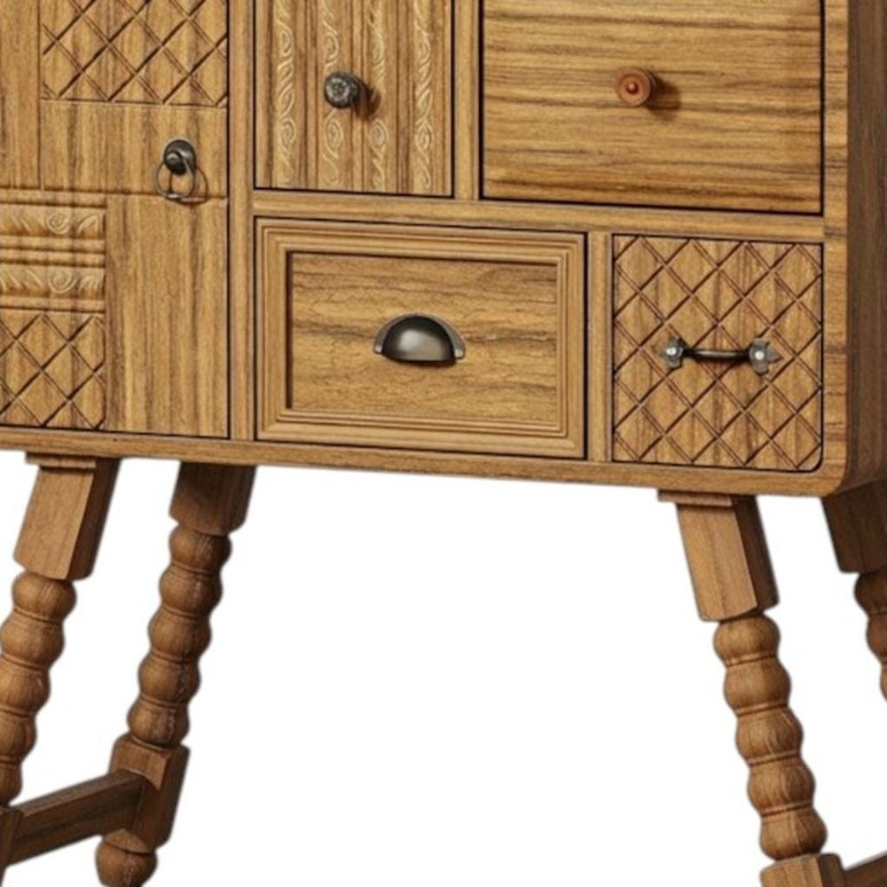 32" Sepia Solid Wood Console Accent Cabinet With Single Door And Four Drawers HomeRoots