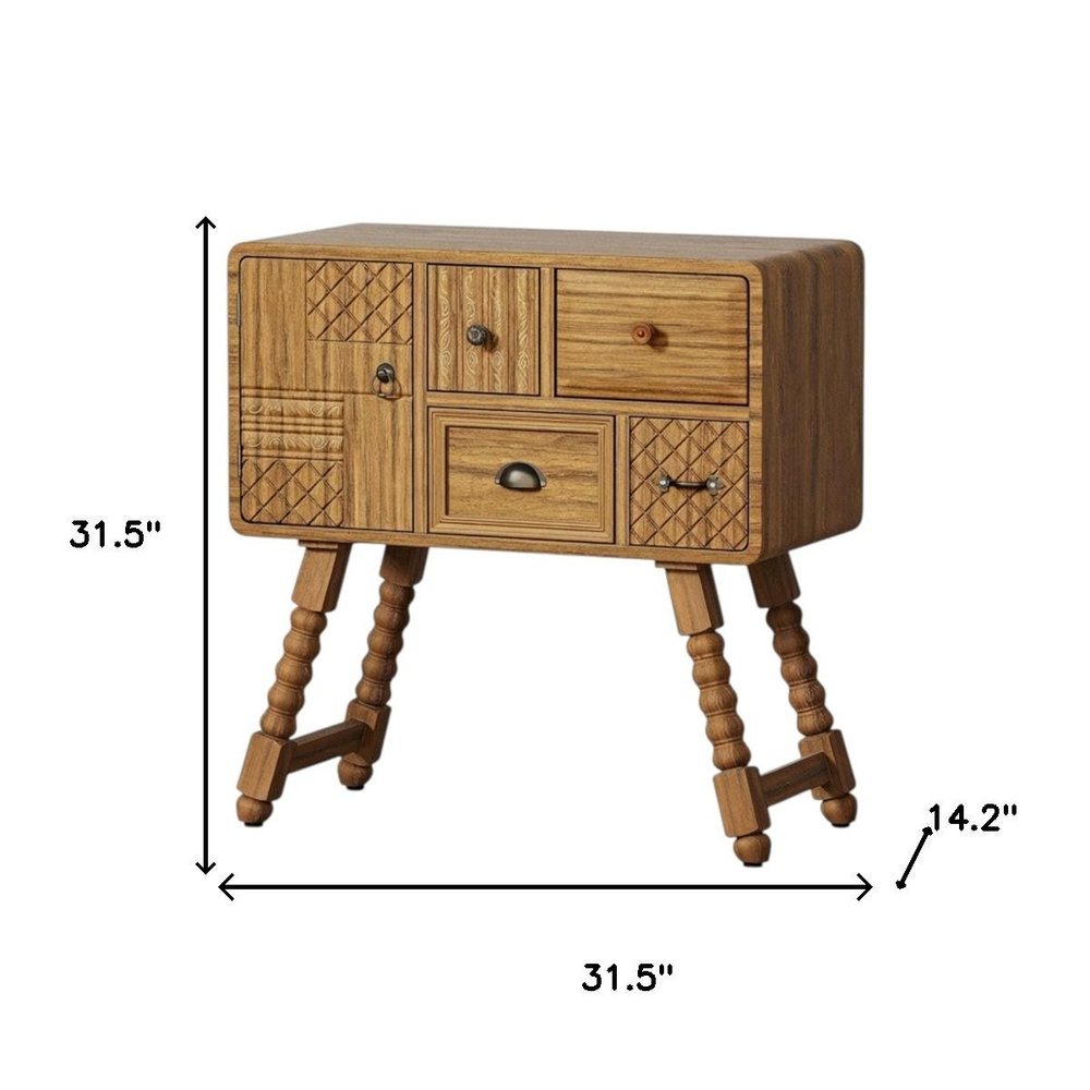 32" Sepia Solid Wood Console Accent Cabinet With Single Door And Four Drawers HomeRoots