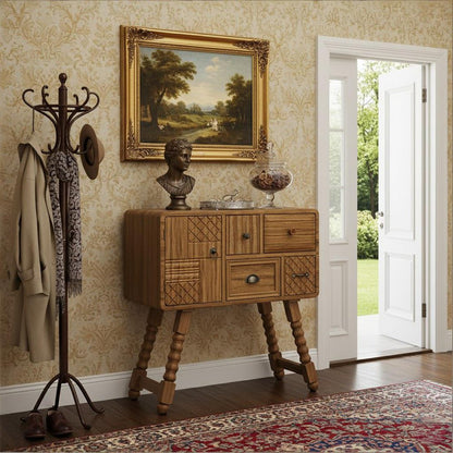 32" Sepia Solid Wood Console Accent Cabinet With Single Door And Four Drawers HomeRoots