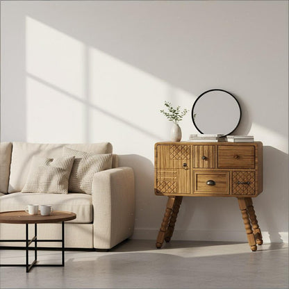 32" Sepia Solid Wood Console Accent Cabinet With Single Door And Four Drawers HomeRoots