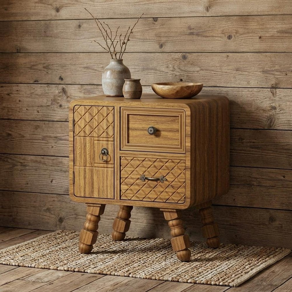 19" Sepia Solid Wood Accent Cabinet With Single Door And Two Drawers HomeRoots