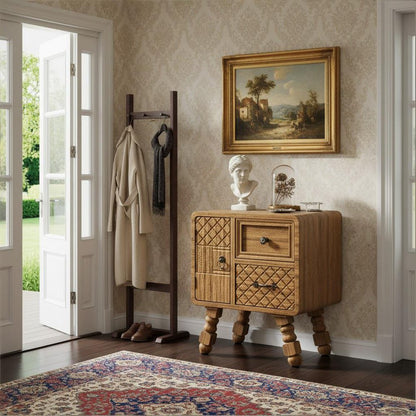 19" Sepia Solid Wood Console Accent Cabinet With Single Door And Two Drawers HomeRoots