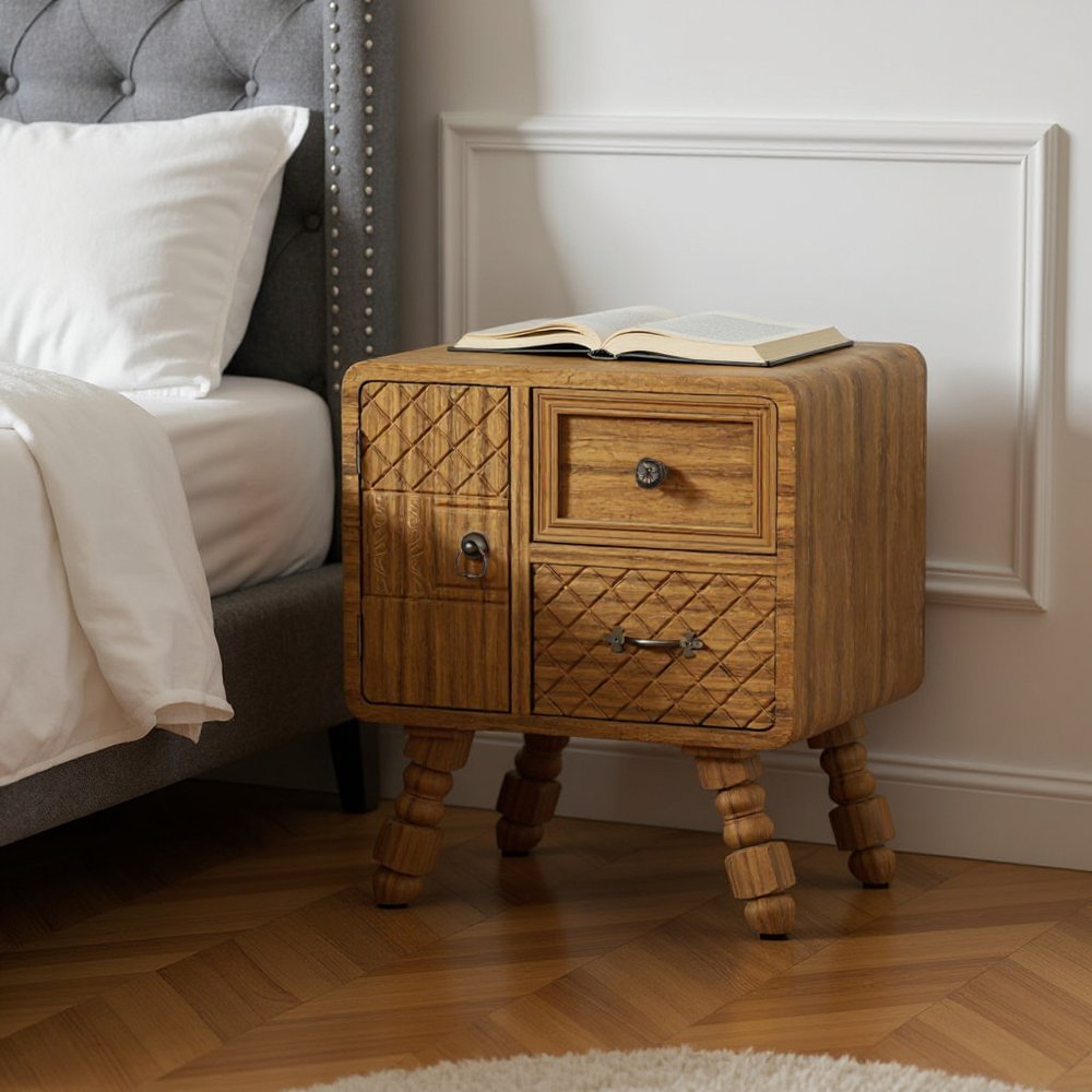 19" Sepia Solid Wood Accent Cabinet With Single Door And Two Drawers HomeRoots