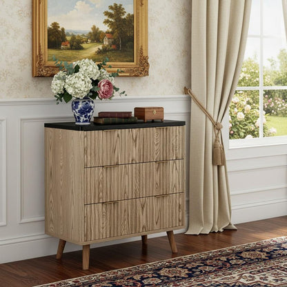 32" Black and Oak Solid Wood Console Accent Cabinet With Three Drawers HomeRoots