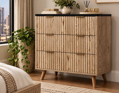 32" Black And Oak Ribbed Texture Wood Three Drawer Dresser