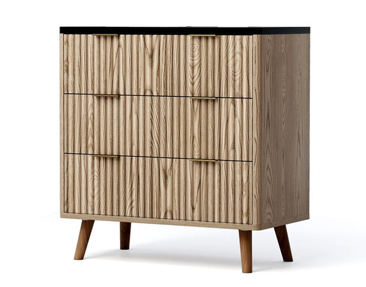 32" Black And Oak Ribbed Texture Wood Three Drawer Dresser