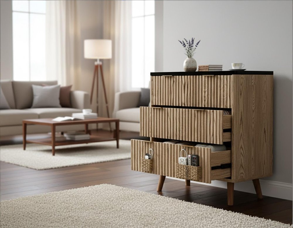 32" Black and Oak Solid Wood Console Accent Cabinet With Three Drawers HomeRoots