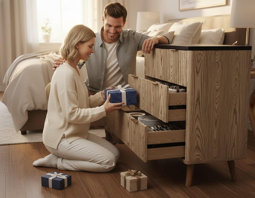 32" Black and Oak Solid Wood Console Accent Cabinet With Three Drawers HomeRoots