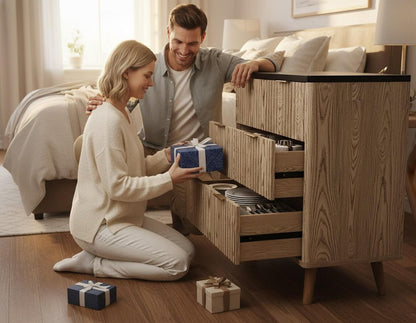 32" Black and Oak Solid Wood Console Accent Cabinet With Three Drawers HomeRoots