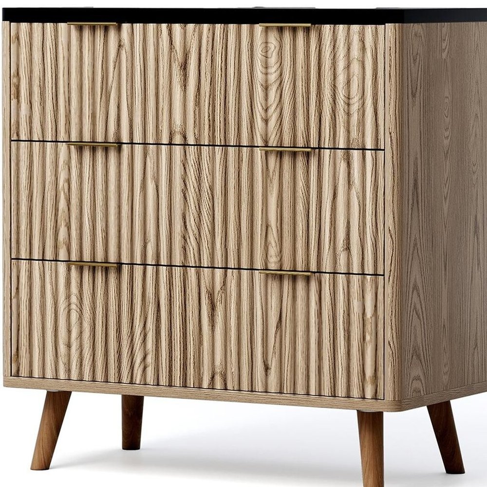 32" Black And Oak Ribbed Texture Wood Three Drawer Dresser — view 3