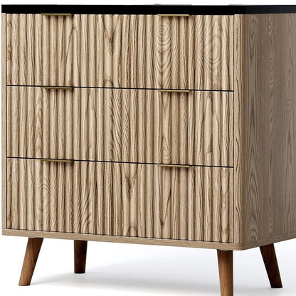 32" Black and Oak Solid Wood Console Accent Cabinet With Three Drawers HomeRoots