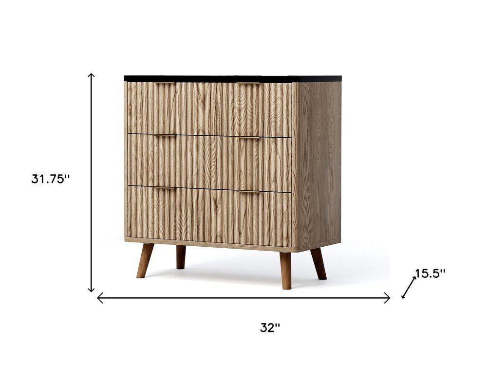 32" Black and Oak Solid Wood Console Accent Cabinet With Three Drawers HomeRoots