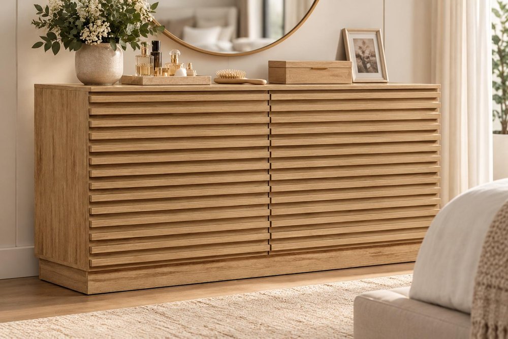 47" Natural And Oak Ribbed Texture Wood Six Drawer Double Dresser — view 5