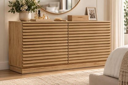 47" Natural And Oak Ribbed Texture Wood Six Drawer Double Dresser
